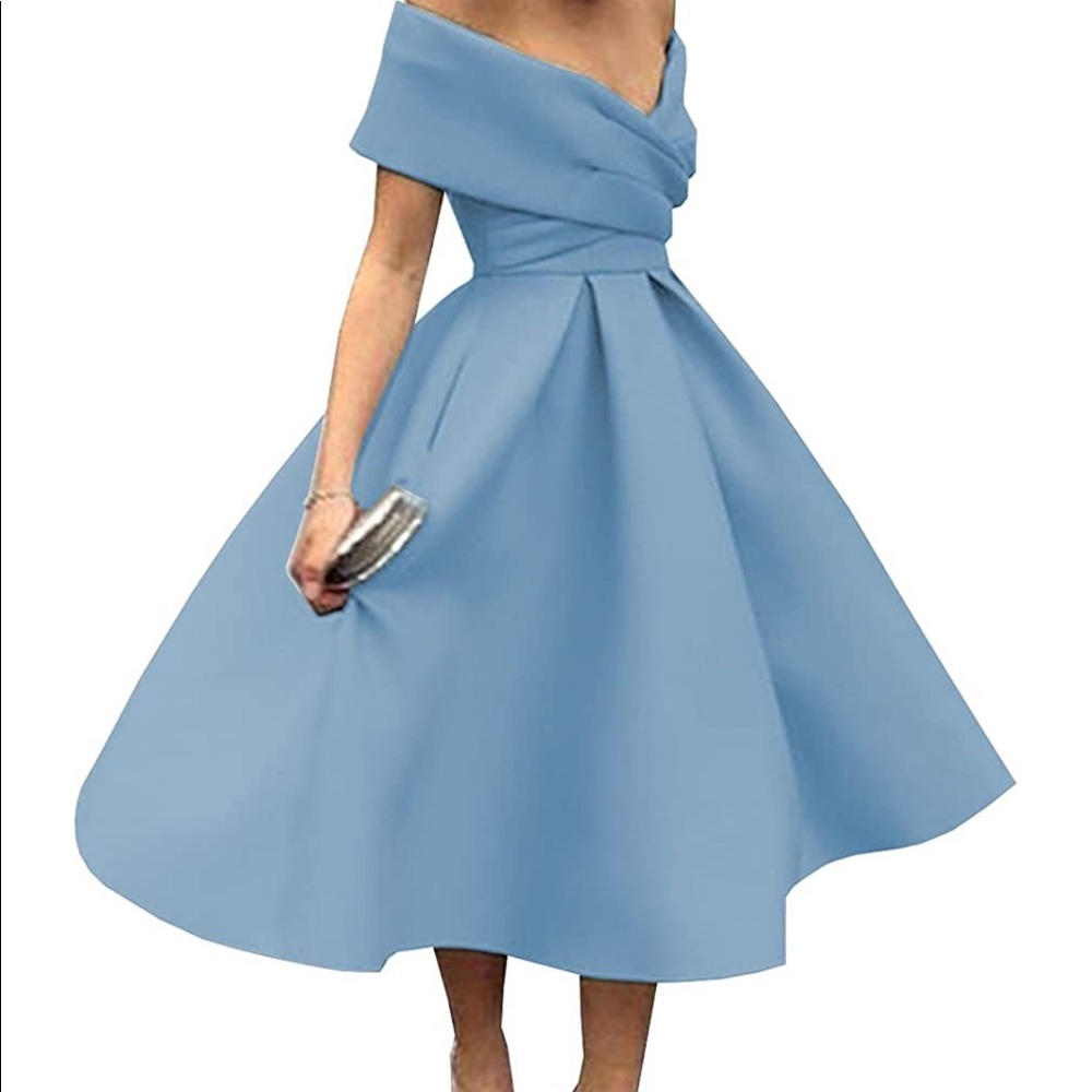 Dusty Blue tea length dress with lace up back. Never worn.